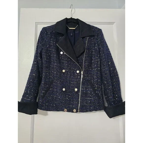 White House Black Market Women Size 0 Navy Tweed Gold Sparkly Moto Jacket - Picture 2 of 5